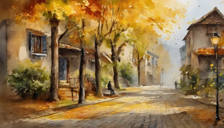 Old residential area，Three storey building，Ginkgo tree，Clean the pavement，Fallen leaves，autumnal，Light yellow tone，super-fine，Carefully portrayed，high qulity，8K，Miyazaki animation style