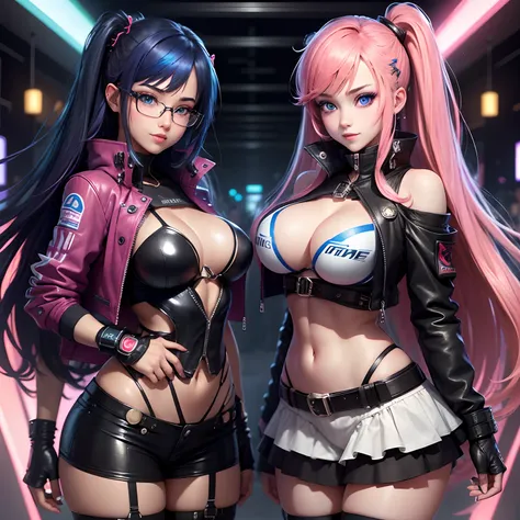 Gamer Girls，harems，girl，a smile，a beauty girl，hyperdetailed face，super-detaild skin，eye glass，Multicolored hair，huge tit，top-quality，Excellent style，Young girl，超A high resolution，blue eyess，leather jackets，cyberpunked