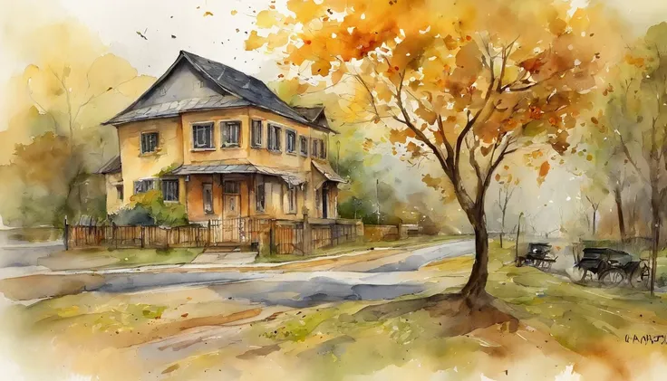 Old residential area，Three storey building，Ginkgo tree， Department deciduous pavement，Fallen leaves，autumnal，Light yellow tone，super-fine，Carefully portrayed，high qulity，8K，Miyazaki animation style