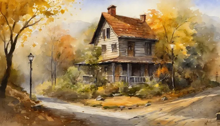 Old residential area，Three storey building，Ginkgo tree， Department deciduous pavement，Fallen leaves，autumnal，Light yellow tone，super-fine，Carefully portrayed，high qulity，8K，Miyazaki animation style