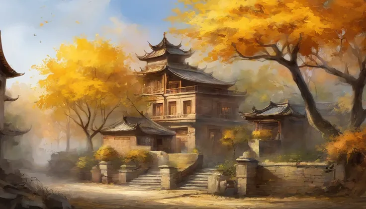 Old residential area，Chinese-style building，Ginkgo tree，Deciduous pavement，Falling leaves，autumnal，Light yellow tone，super-fine，Carefully portrayed，high qulity，8K，Miyazaki animation style