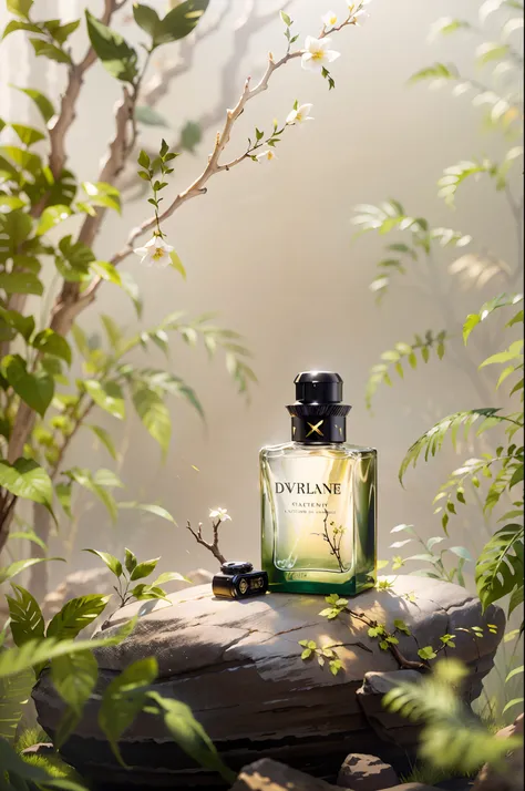 photography, beautiful luxury black bottle of perfume with golden cap on polished rocks, thin branches of plants in the backgrou...