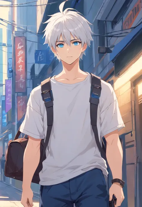 Very handsome male warrior, short white hair with spiky, , blue eyes, dressed in a white t-shirt, Dark Blue Buggy Pants, Leather handbags,