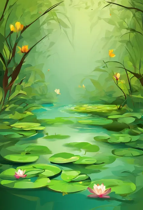 Vector graphics，vectorial，Graphic illustration，Flat noise style，Vector illustration，lotuses，ponds，Lotus on both sides，Water flows in the middle，frogs，The fish，illustration，scenecy，poster for，gracefulness，The color is bright，Green