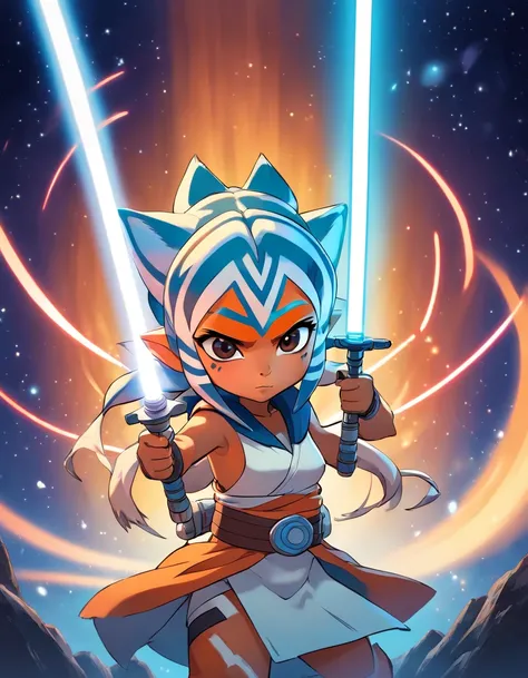 chibi style, ahsoka, star wars, in action pose, light sabre