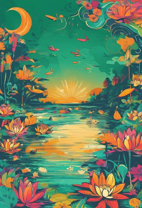 Vector graphics，vectorial，Graphic illustration，Flat noise style，Vector illustration，lotuses，ponds，Lotus on both sides，Water flows in the middle，frogs，The fish，illustration，scenecy，poster for，gracefulness，The color is bright，Green