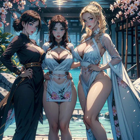 3 females，Stand in a row，Beauty pageants，sexyposture，Married Woman，A MILF，熟妇，mature，extremely large bosom，plumw（Background with：Mare，Military port，battleships，submarine，Cherry blossom forest，lotus flower）Lie underwater， She has short blonde hair，cabelos pr...