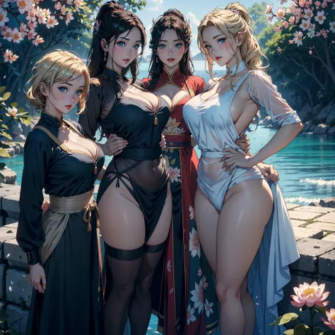 3 females，Stand in a row，Beauty pageants，sexyposture，Married Woman，A MILF，熟妇，mature，extremely large bosom，plumw（Background with：Mare，Military port，battleships，submarine，Cherry blossom forest，lotus flower）Lie underwater， She has short blonde hair，cabelos pr...