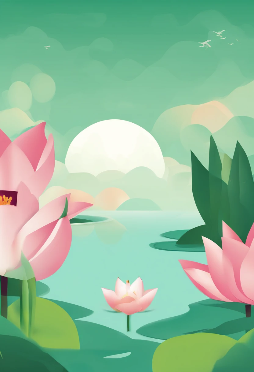 Vector graphics，vectorial，Graphic illustration，Flat noise style，Vector illustration，lotuses，ponds，Lotus on both sides，Water flows in the middle，frogs，The fish，illustration，scenecy，poster for，gracefulness，The color is bright，Green