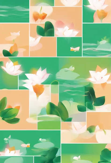 Vector graphics，vectorial，Graphic illustration，Flat noise style，Vector illustration，lotuses，ponds，Lotus on both sides，Water flows in the middle，frogs，The fish，illustration，scenecy，poster for，gracefulness，The color is bright，Green