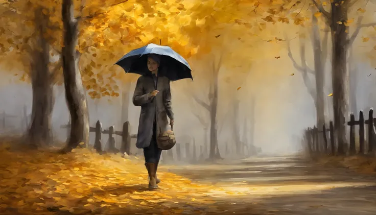 Girl with black umbrella，Look back，Ginkgo tree， Department deciduous pavement，Fallen leaves，autumnal，Light yellow tone，super-fine，Carefully portrayed，high qulity，8K，Miyazaki animation style