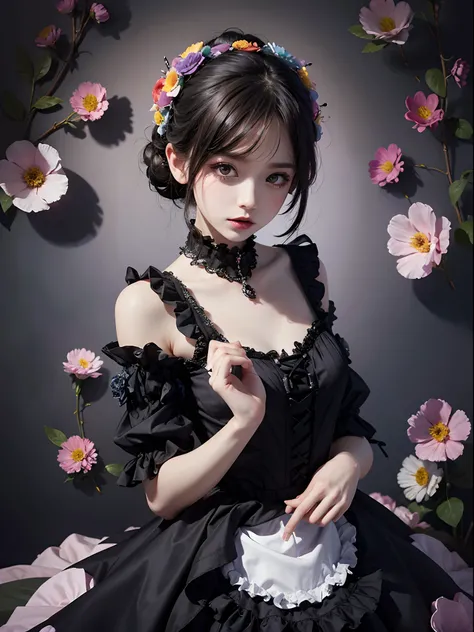 masterpiece, best quality,1girl,gothgal,frilly dress 8k,highres, ( flower_styler:1.2)(rainbow-candy:1.2)