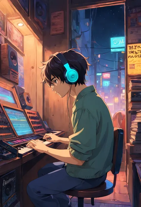 1 boy,Photo of a man listening to music wearing headphones, Text why you, Super detail, Vintage wave, Cyberpunk, Sad atmosphere, Glowing light through the windows, nighttime scene, One bedroom, 2D, (shot from afar), Wide shot, (Movie noise), Old cartoons, ...