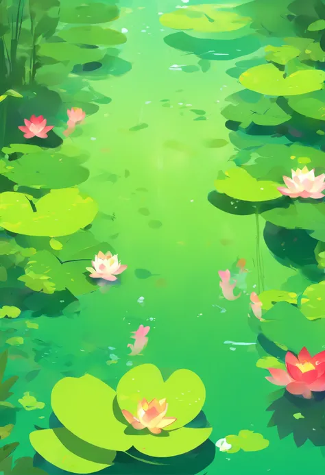 Vector graphics，vectorial，Graphic illustration，Flat noise style，Vector illustration，lotuses，ponds，Lotus on both sides，Water flows in the middle，frogs，The fish，illustration，scenecy，poster for，gracefulness，The color is bright，Green