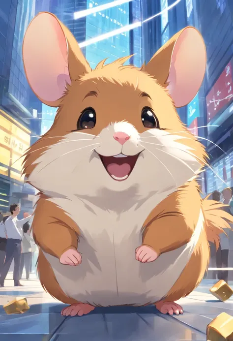 Cheerful hamster smiling and trading on stocks on the stock exchange