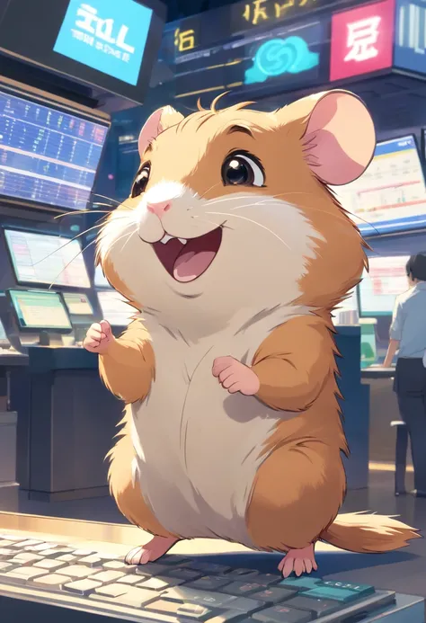 Cheerful hamster smiling and trading on stocks on the stock exchange