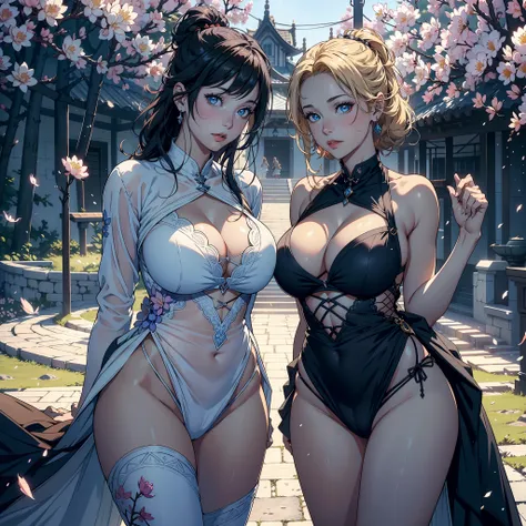 3 females，Stand in a row，Beauty contests，sexyposture，Married Woman，A MILF，熟妇，mature，extremely large bosom，plumw（Background with：Mare，Cherry blossom forest，lotus flower）Lie underwater， She has short blonde hair，cabelos preto e longos，bobo head，seen from the...