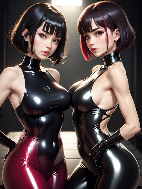 Glossy silver tank top, latex shiny, Red interpolation color、Black hair bob