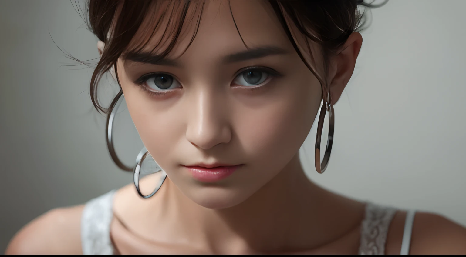 A close-up portrait of a woman wearing silver hoop earrings. Les boucles doreilles semblent presque liquides, capturing light in a way that creates a halo of light around his face. His expression is both serious and melancholic, as if she were immersed in ...