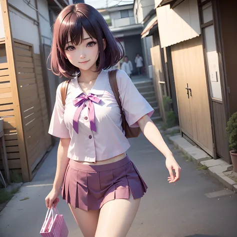 1girl in、独奏、senjougahara hitagi、Buruma、shortsleeves、A smile、a miniskirt、Love