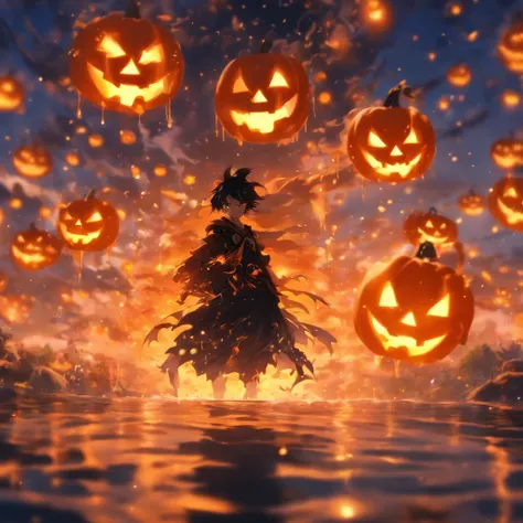 Halloween floating lights, cinematic light and reflections, Glowing lights, Intermediate metaverse elements，Digital painting, glowing reflections, Pondering, Halloween Jack Lantern, calm evening, Digital illustration, Beautiful atmosphere, Skylight at nigh...