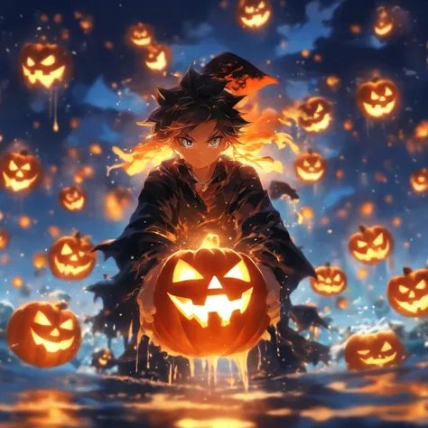 Halloween floating lights, cinematic light and reflections, Glowing lights, Intermediate metaverse elements，Digital painting, glowing reflections, Pondering, Halloween Jack Lantern, calm evening, Digital illustration, Beautiful atmosphere, Skylight at nigh...