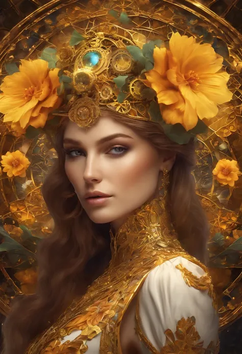 absurderes, A high resolution, Ultra detailed, (1girll:1.3), Fantasy steampunk costumes , Psychedelic, fractal patterns, geometric figure, Dynamic, Bright colors, (Flowers, petals), (Gold and yellow:1),