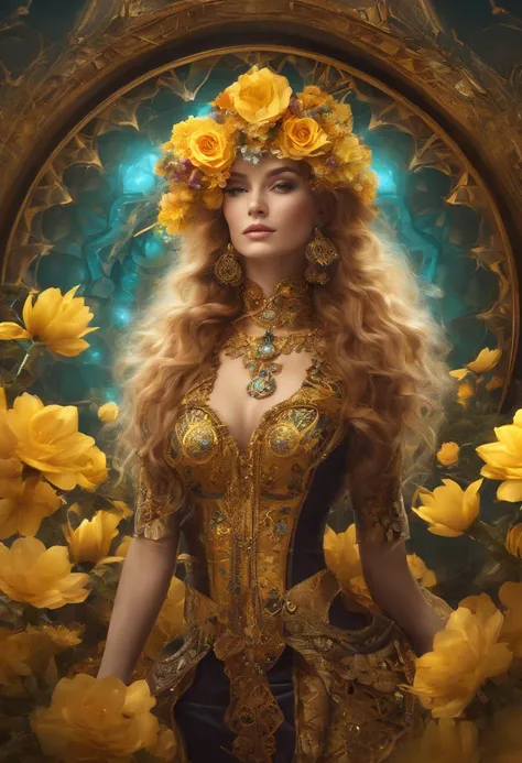 absurderes, A high resolution, Ultra detailed, (1girll:1.3), Fantasy steampunk costumes , Psychedelic, fractal patterns, geometric figure, Dynamic, Bright colors, (Flowers, petals), (Gold and yellow:1),