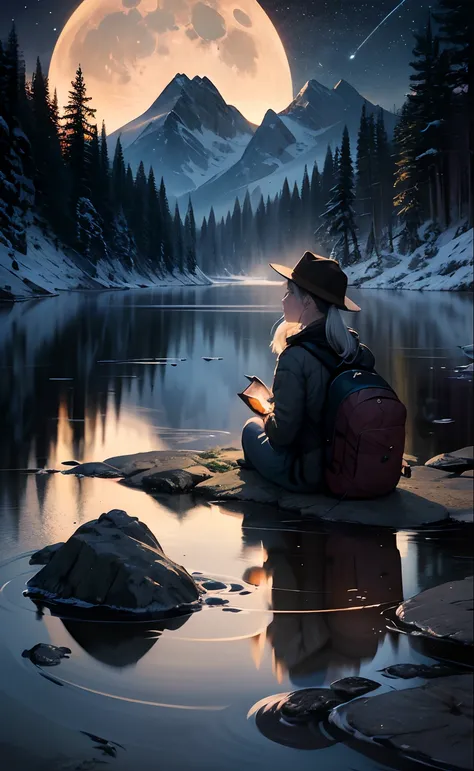 masterpiece, best quality, ultra-detailed, illustration, girl and boy, couples, outdoors, camping, night, mountains, nature, stars, moon, twin ponytails, green eyes, cheerful, happy, backpack, sleeping bag, camping stove, water bottle, mountain boots, glov...