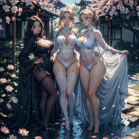 3 females，Stand in a row，Beauty contests，sexyposture，Married Woman，A MILF，熟妇，mature，extremely large bosom，plumw（Background with：Mare，Cherry blossom forest，lotus flower）Lie underwater， She has short blonde hair，cabelos preto e longos，bobo head，seen from the...