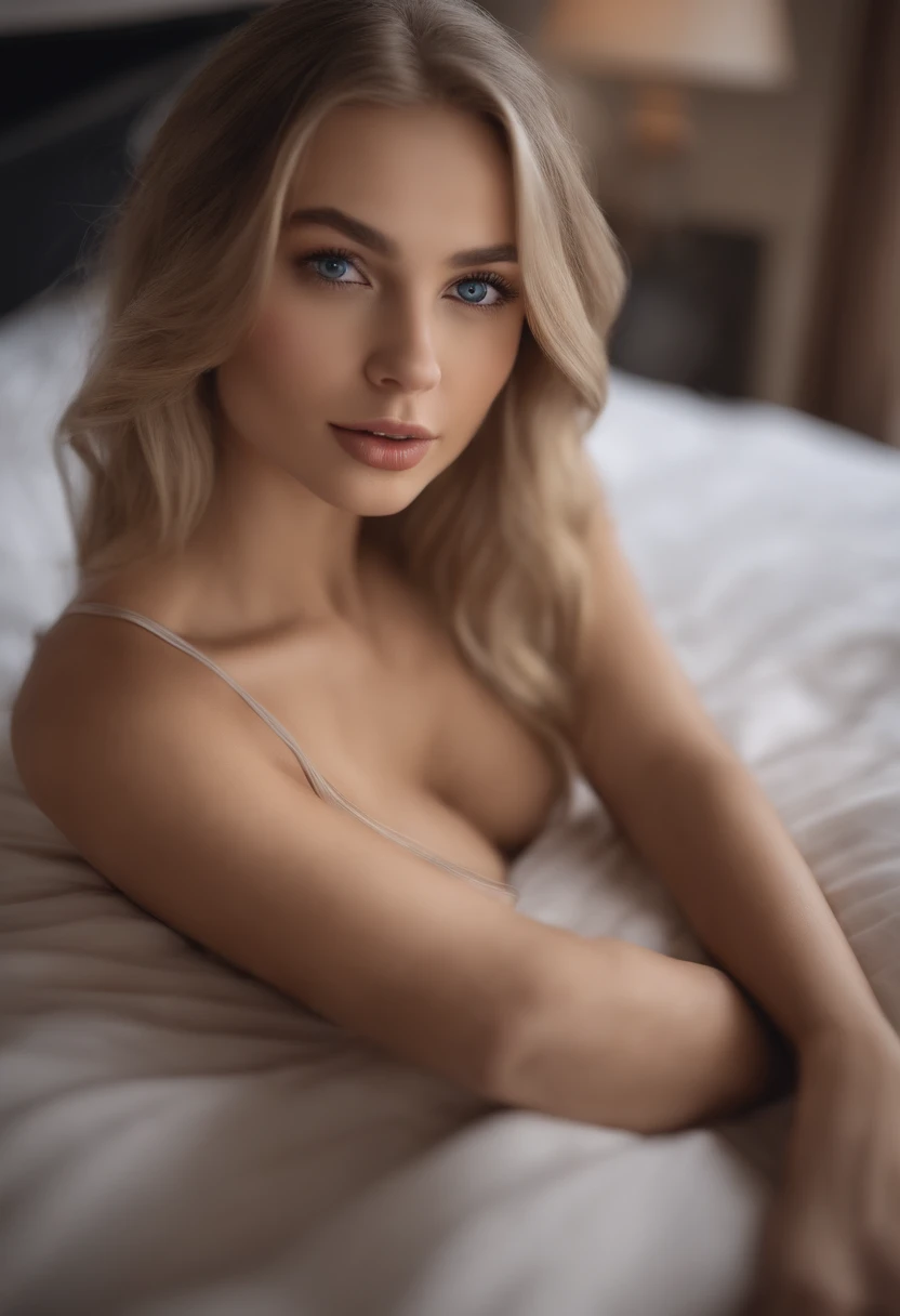 Arafed Full Woman, Sexy Girl with Blue Eyes, , Ultra Realistic, Meticulously Detailed, Portrait of Sophie Mudd, Blonde Hair and Big Eyes, Selfie of a Young Woman, Bedroom Eyes, Violet Myers, No Makeup, Natural Makeup, Looking Directly at the Camera, face a...