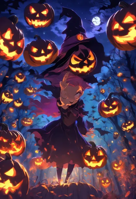 (girl,named:witch,pumpkin:1.2,carving:1.1),spooky jack-o-lantern,witchs hat,pointy hat,witchs broom,full moon,haunted house,night sky,witchs cauldron,flying bats,black cat,witchs cloak,witchcraft potion,dark and mysterious,halloween decorations,creepy atmo...