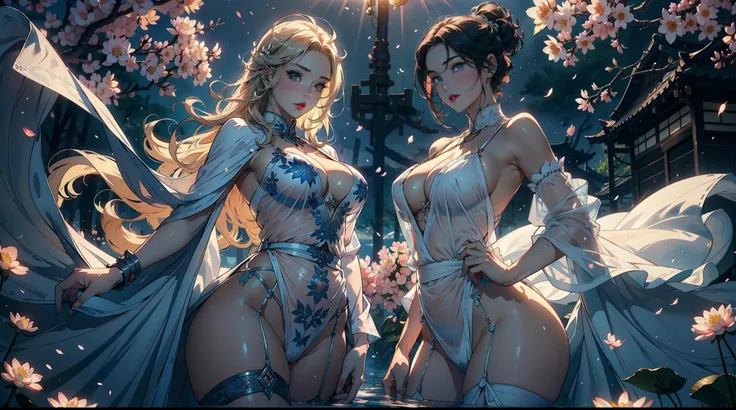 3 females，Stand in a row，Beauty contests，sexyposture，Married Woman，A MILF，熟妇，mature，extremely large bosom，plumw（Background with：Mare，Cherry blossom forest，lotus flower）Lie underwater， She has short blonde hair，cabelos preto e longos，bobo head，seen from the...