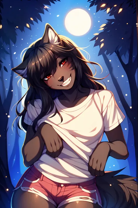 Solo:1.3, Natasha, dark grey wolf, cute snout, black nose, in a forest, nighttime, red eyes, large sharp canine teeth, messy hair, wearing ripped white t shirt, ripped short shorts, ripped clothing, by fumiko, by hyattlen, by tokifuji, grinning, furrowed e...