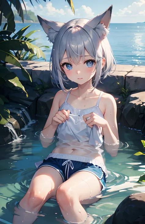 ​masterpiece,Top image quality,hight resolution,imagem 4k,Raw photo,Photorealsitic,{Solo},teens girl,Embarrassment,Silverberry Shorthair,stare at each other,Wet,Blue eyes,小柄,Silver fox ears,Fox tail,boyish,Bathing in water,Boxer shorts