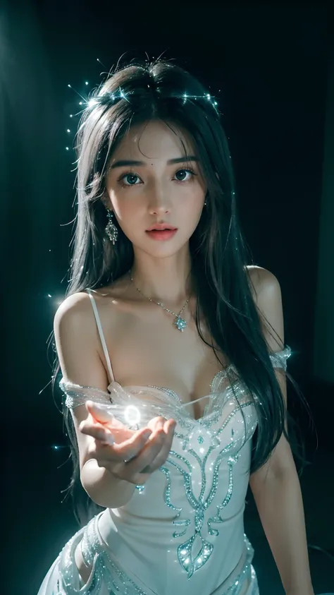 (4K:2.0), (ultra hd), Masterpiece, ((1girl)), beautiful face, (glowing face:1.5), detailed eyes, (ultra long flowing hair:1.5), (black and grey mixed hair color:1.2), crystal hair ornaments, earrings, necklace, (very beautiful:1.5), white dress, (glowing d...