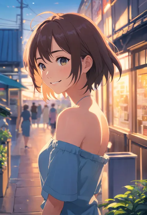 best quality, masterpiece, ultra high res, photorealistic, 1girl, offshoulder, smile