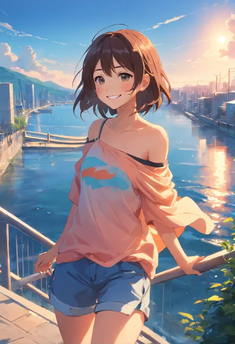 best quality, masterpiece, ultra high res, photorealistic, 1girl, offshoulder, smile