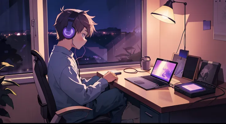 A little boy sitting at his desk listening to music wearing headphones，Look out the window at night，Relaxing and comfortable atmosphere in a night bedroom setting，Purple mood lights