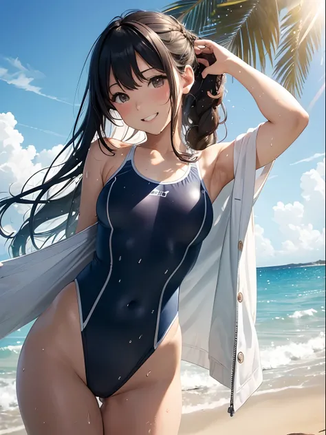 (masutepiece), (Best Quality), hyper detailed illustration，beautiful artwork，(Extreme Detail CG Unity 8K wallpaper、​masterpiece、top-quality)、(exquisite lighting and shadow、highly dramatic picture、cinematic lens effects)、Young woman on the beach，swim wears,...