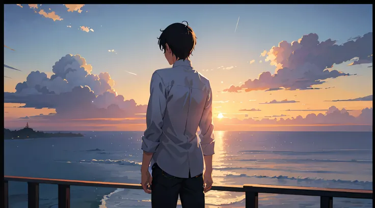 Painting of a man looking at the sunset, animesque, Man watching the sunset, back-view, Beautiful 17-year-old man on the horizon, Watch the sunset, Short hair, White long-sleeved shirt, One person, style of makoto shinkai, guweiz and makoto shinkai, in sty...