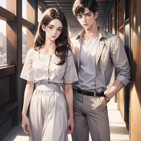 Masterpiece, (high quality1.4), best quality, HD, (realistic1.4), perfect lighting, detailed body,A couple, male short black hair, wearing a white shirt, black trousers, female long chestnut hair, white dress, facing the camera.