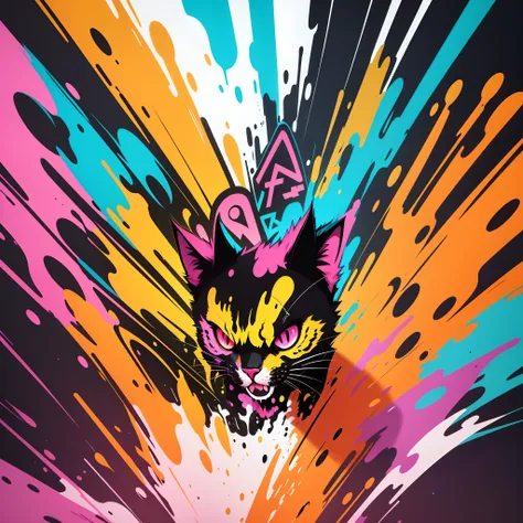 Vector art, Graffiti cat and colorful illustration, at centre, Bright colors, Splashes and blotches of paint, high detailing, white backgrounid