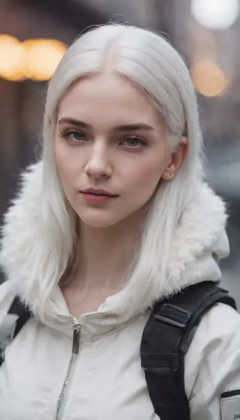 1girls, White hair, Lange Haare, Techwear-Meisterwerk, best qulaity, realistisch, Realismus, dunkelviolette Jacke, portrait, Detaillierte Augen, Tragen eines Headsets, Platin Haar, 21 year old girl, Modische Pose, half body, Weitwinkel-Shooting, on the str...