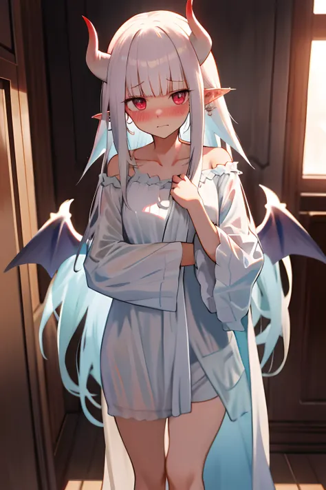 One girl with long hair, white hair, looking at viewer, embarrassed, blushing, indoor , oversized naked night gown, thigh, pointy ears, demon wings, demon king, demon horn, standing