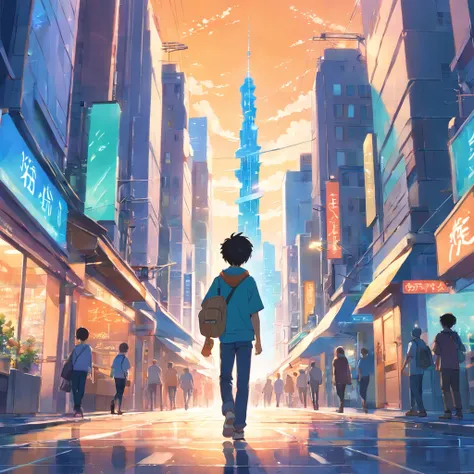 A boy walking in a city with lots and light and look futuristic, flute, wind