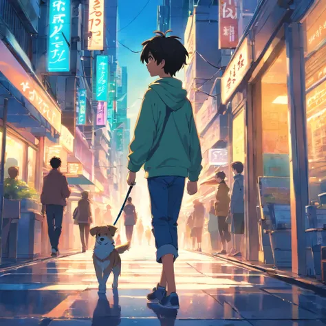 A boy walking in a city with lots and light and look futuristic, flute, wind