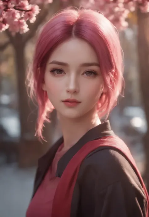 Sakura Haruno, Seductive, ((The forehead to display)), Attractive, Sexy eyes, Red coat, Pink hair, Delicate, Young, Short hair, Detailed face, High definition, full bodyesbian, from league of legends, Trend at Artstation, author：RHADS, Andreas Rocha, rossd...