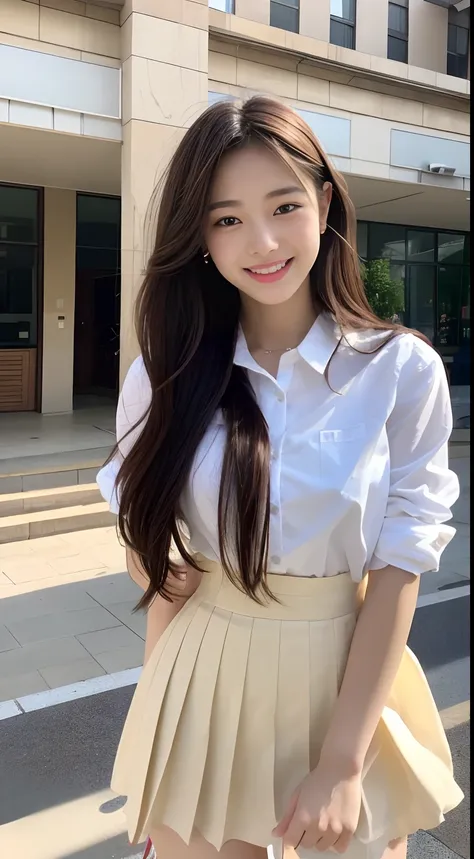 Very detailed 8k wallpaper)、foco nítido、in detail、Drama、Delicate and beautiful schoolgirl、sixteen years old、Sheer white shirt、Quite short skirt、ligh brown hair、hair adornments、Beautiful and sexy、A smile、独奏、Beautiful graphics、Bright school building、Full of ...