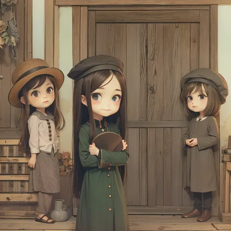 Amish chibi Girl in hat and in very modest conservative  clothes of arabs stands in the doorway, chibi surrounding